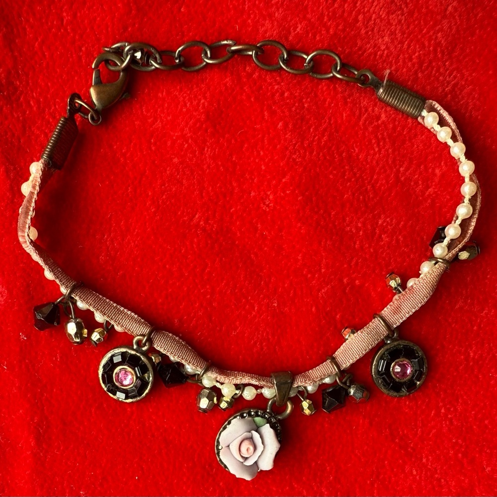 Austria Crystal & Pearl Rose Bracelet Bronze Tone from France
